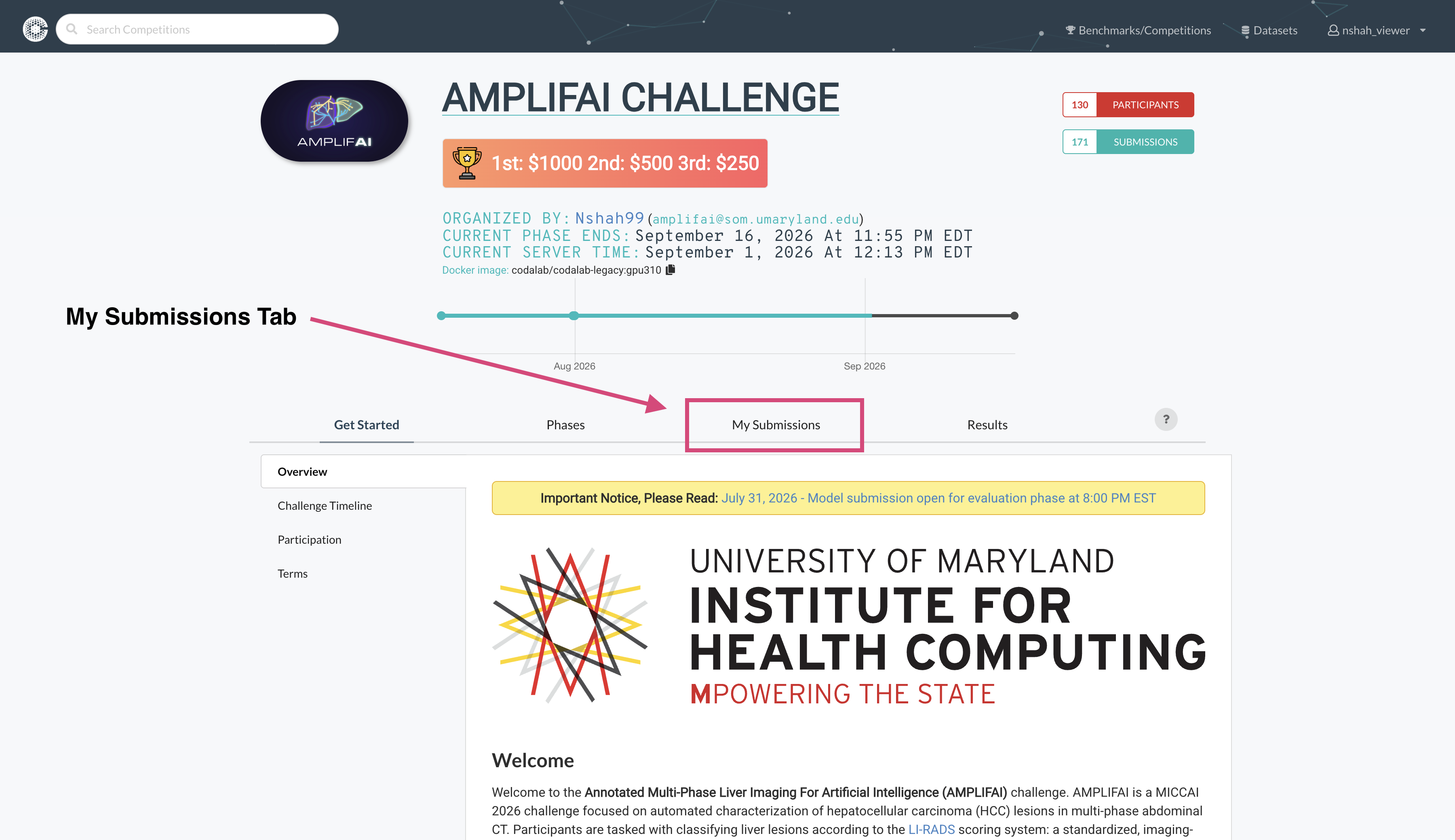 AMPLIFAI challenge page on Codabench with the My Submissions tab highlighted
