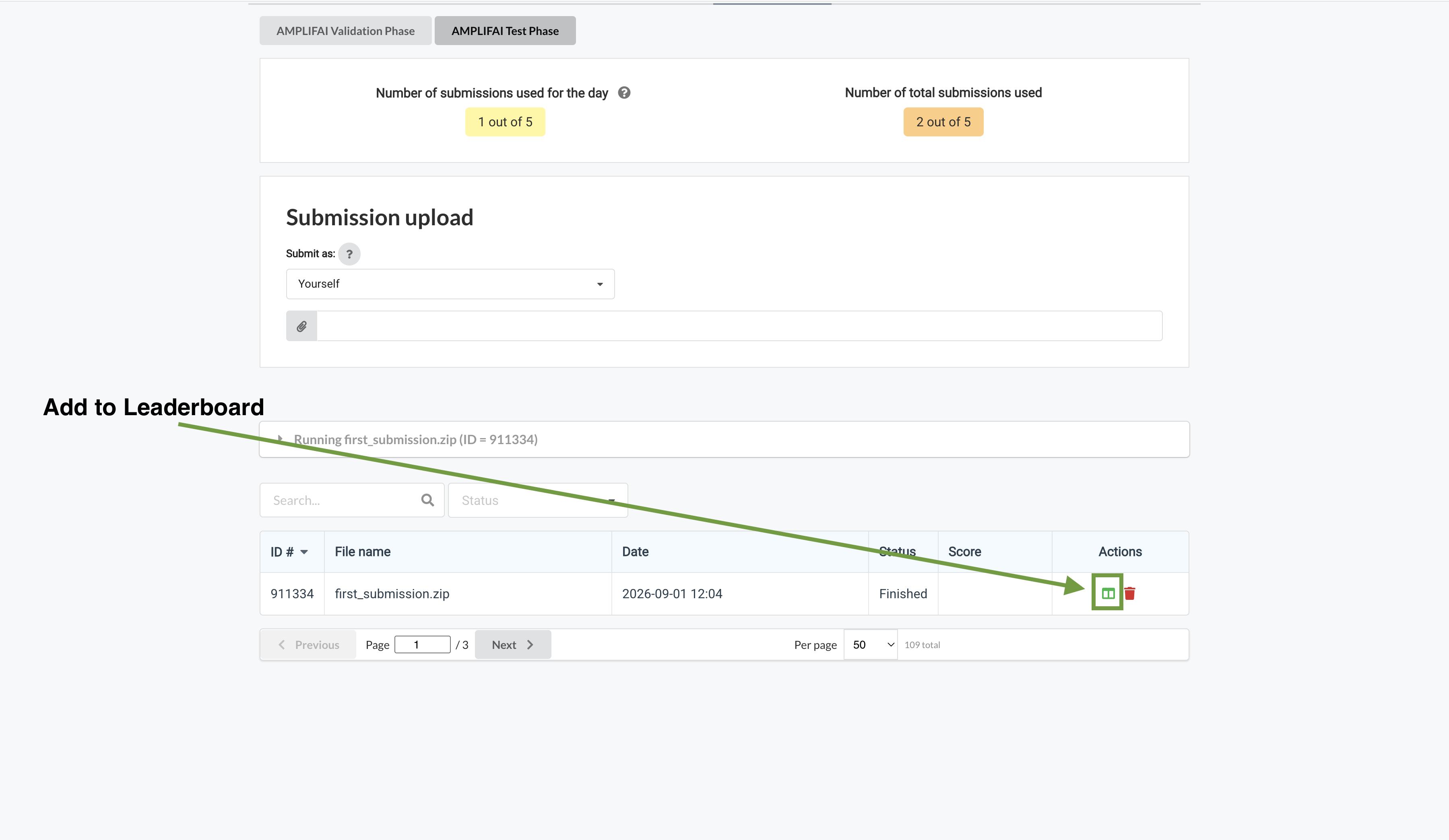 Finished submission row on Codabench with the green add-to-leaderboard button highlighted in the Actions column